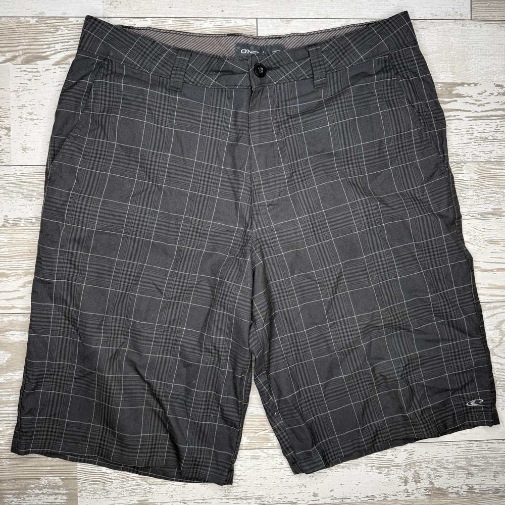 O'Neill Chino Shorts Mens 34 Gray Plaid 11 Inseam Lightweight Stretch Casual